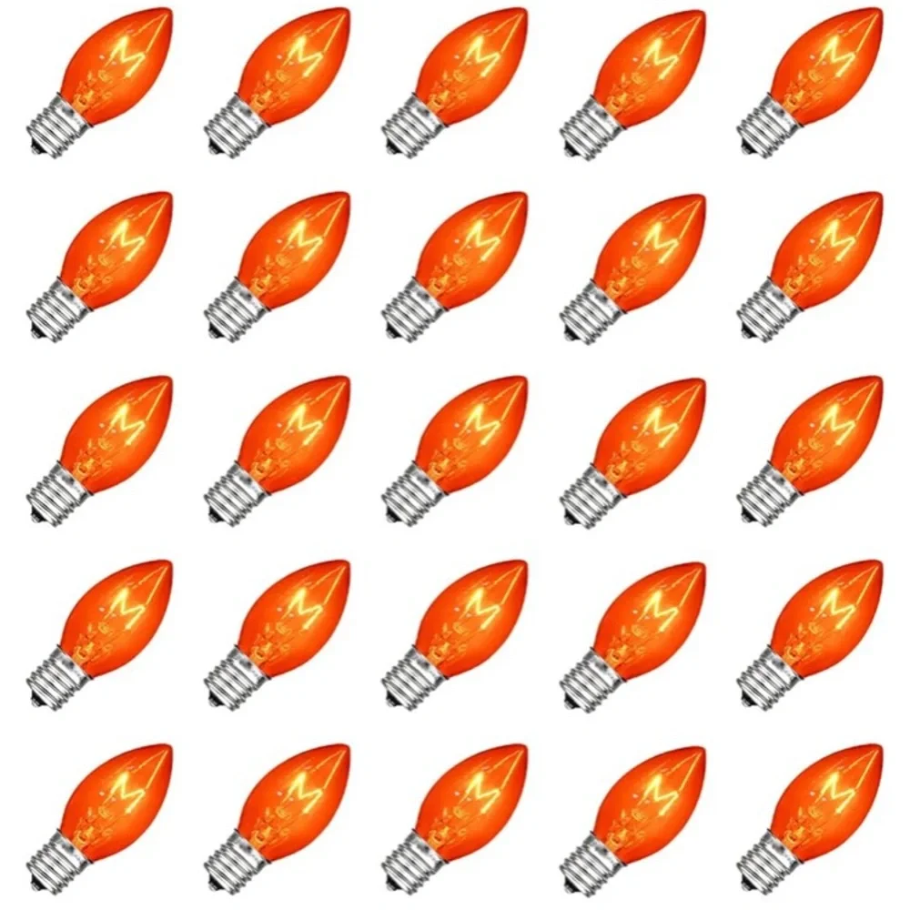 C9 replacement bulbs for indoor and outdoor use. Includes 25 pieces. Holiday